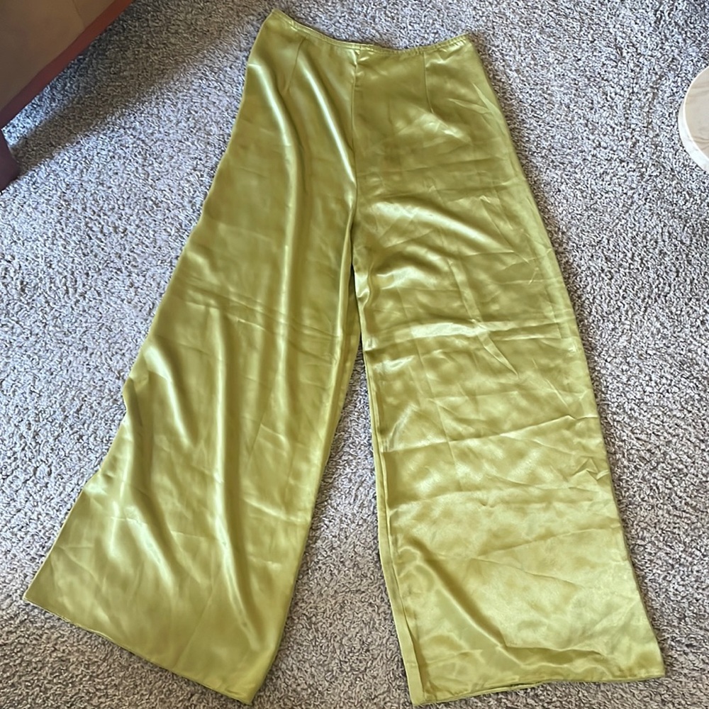 Silky, chartreuse, wide leg pants